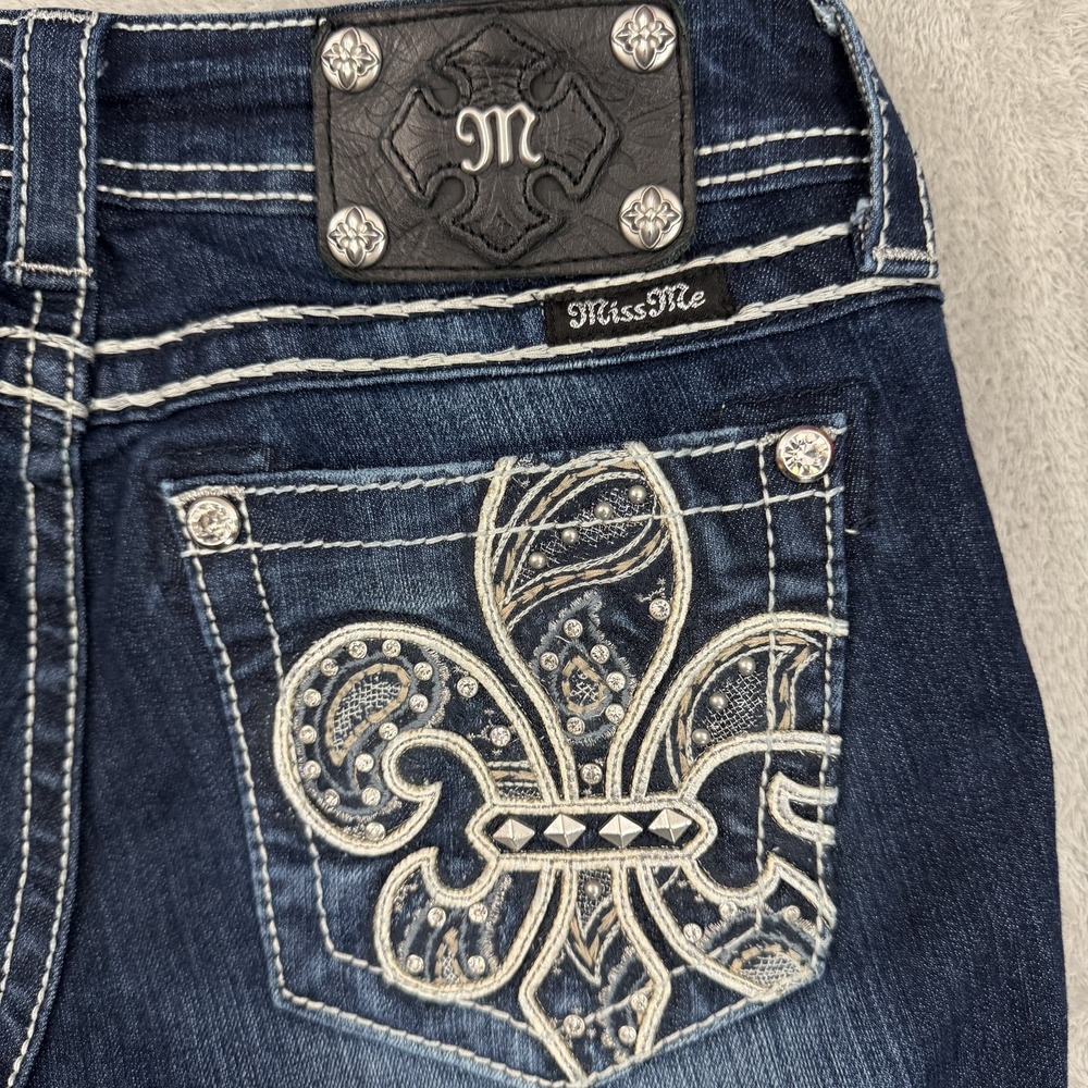 Miss Me Jeans Womens 28 Slim Bootcut Stretch Fleur De Lis Dark Wash Thick Stitch